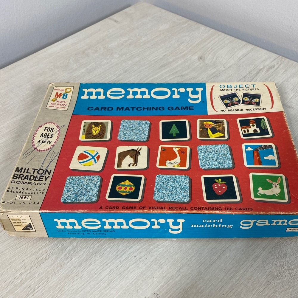 Vintage 1966 Milton Bradley Memory Matching Board Game Complete 108 Cards Used